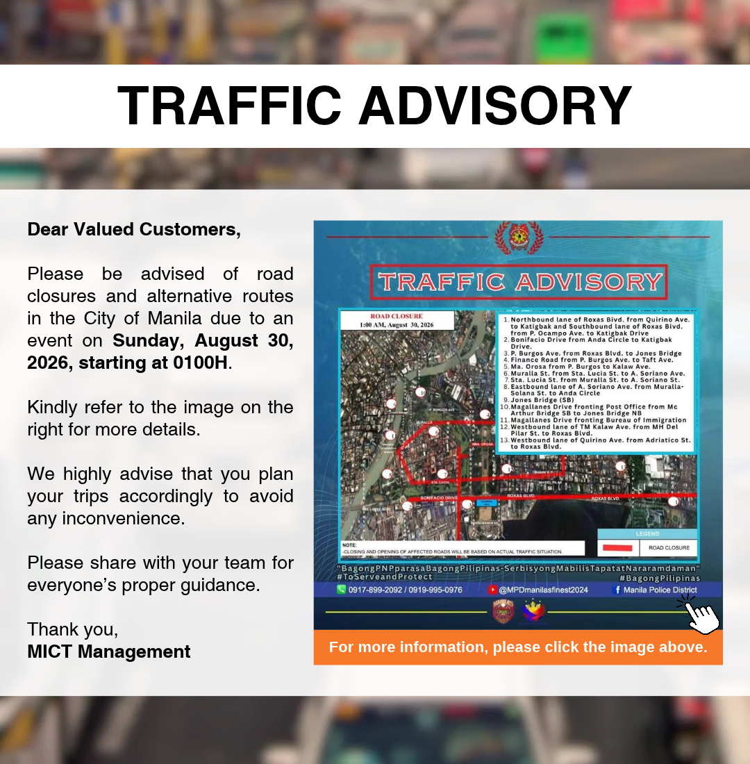 Advisory Traffic Advisory: Road Closures in the City of Manila on Sunday, August 30, 2026
